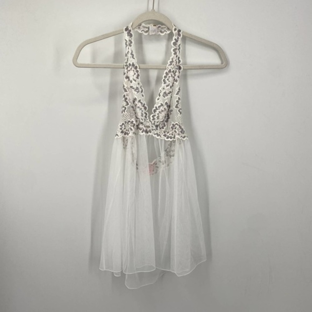 Victoria's Secret Teddy Negligee Babydoll Nightie Sz S White Lace Halter Top